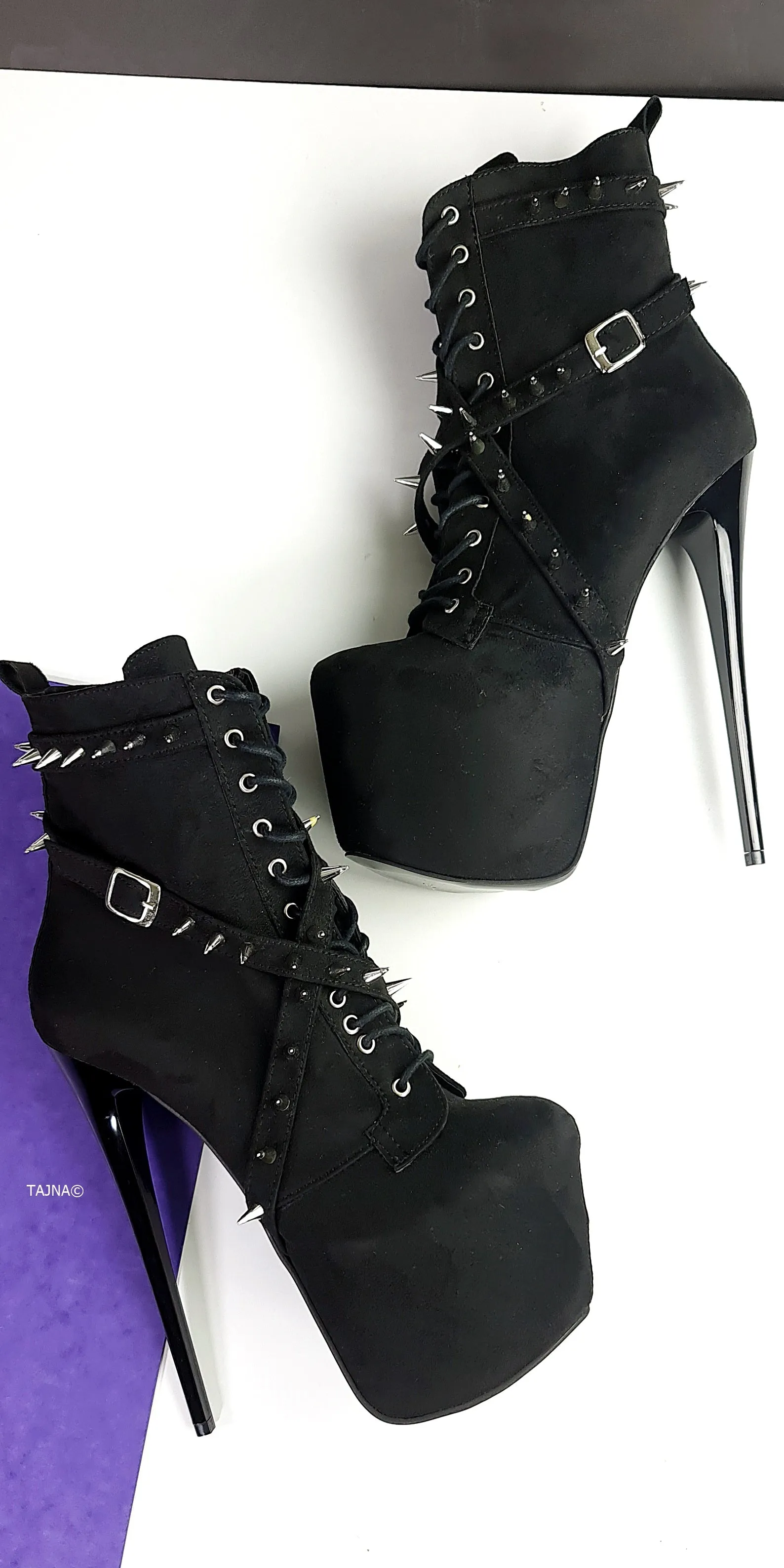 Black Suede Long Spike Studs Rocker Boots