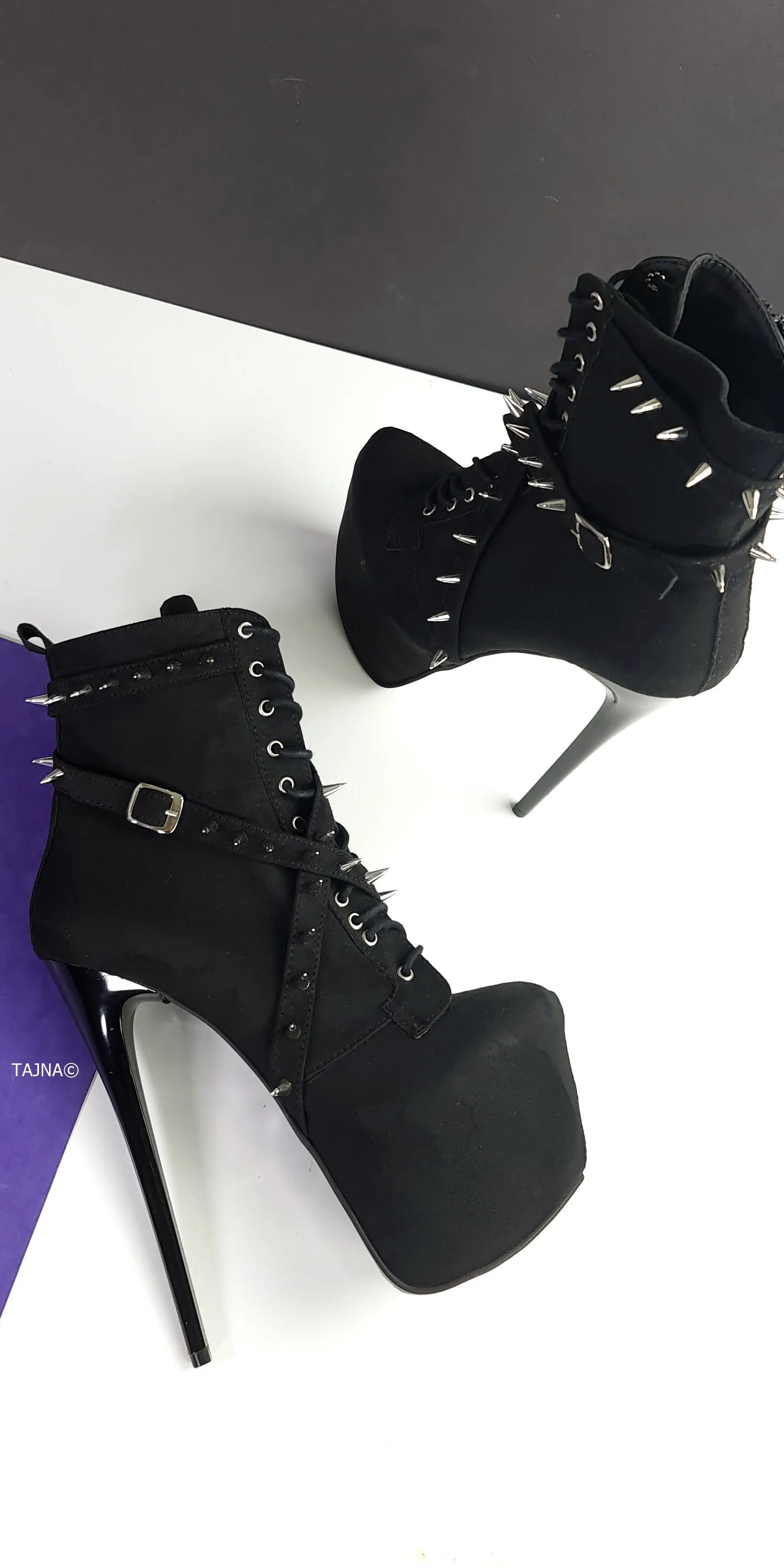 Black Suede Long Spike Studs Rocker Boots