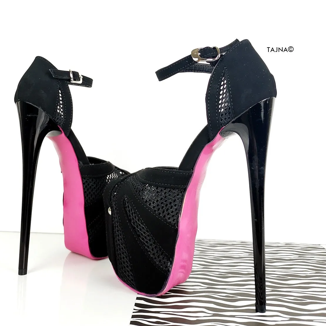 Black Suede Mesh Detail Heel Pink Sole