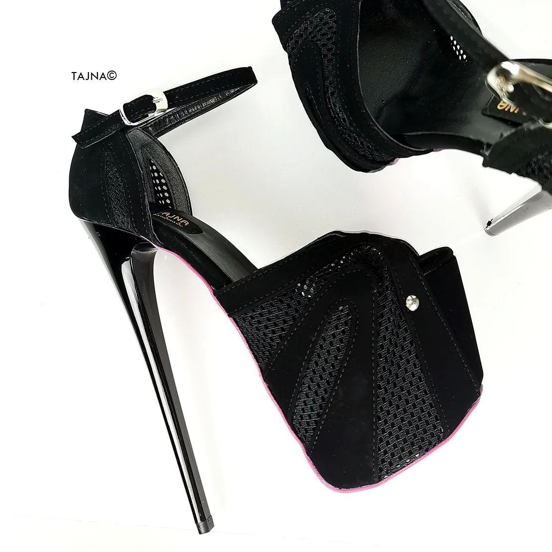 Black Suede Mesh Detail Heel Pink Sole