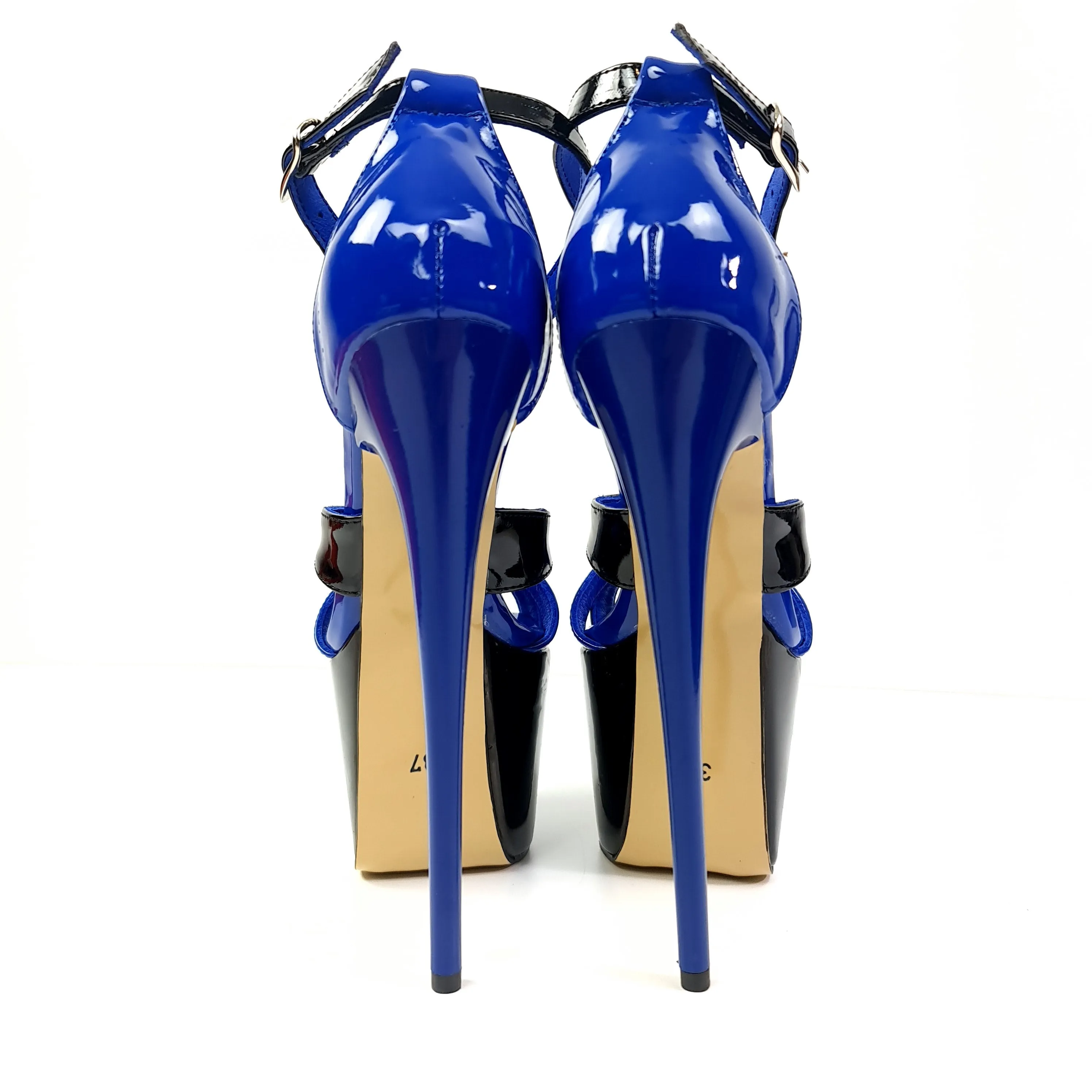 Blue Black Gloss T Strap High Heels