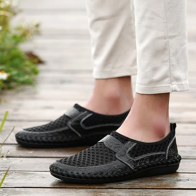 Breathable Mesh Shoes Italy Loafers Mens Casual Shoes Genuine Leather Slip On Brand Shoes Man