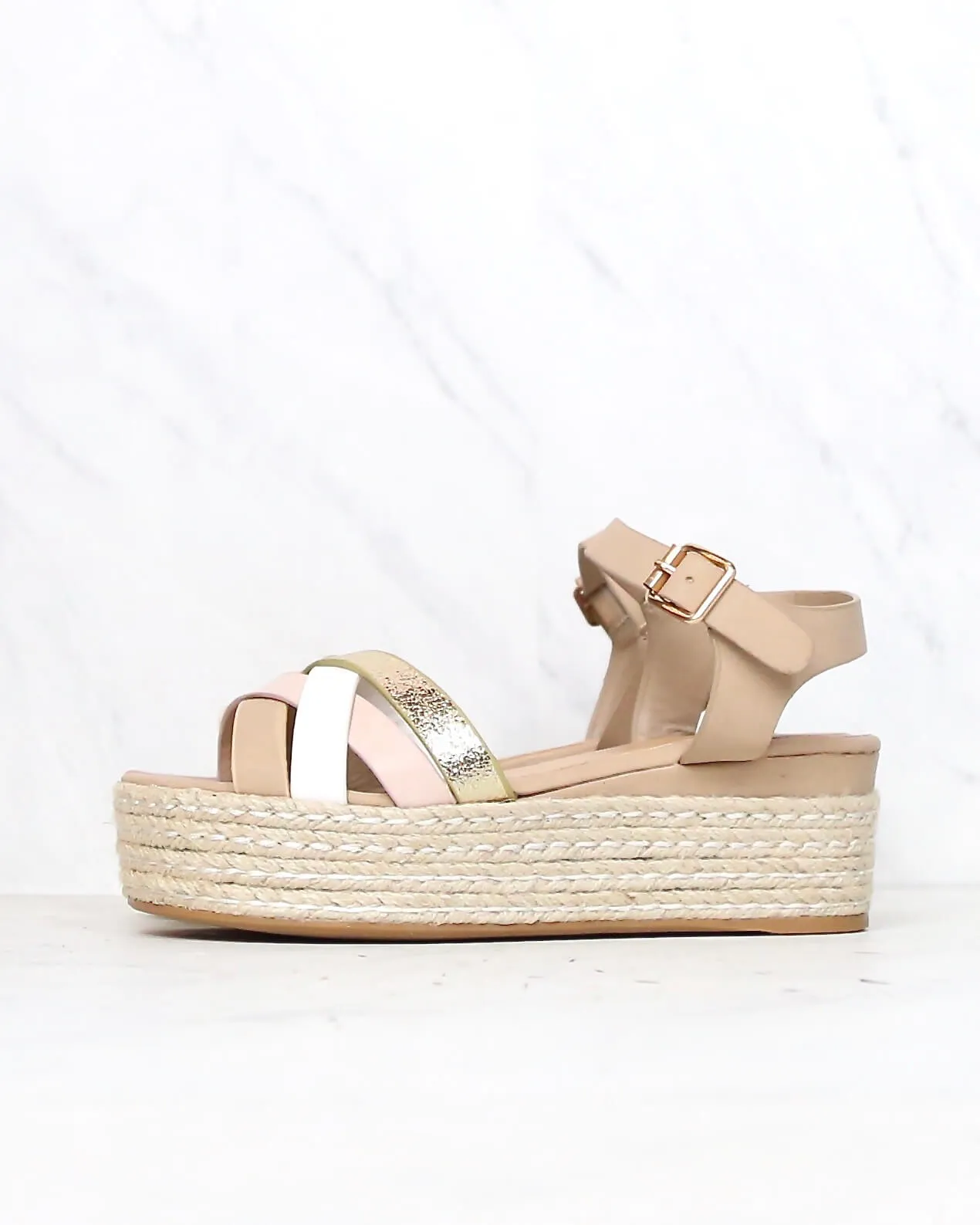 Criss Cross Strappy Band Espadrilles Platform Sandal with Ankle Strap - Blush Multi