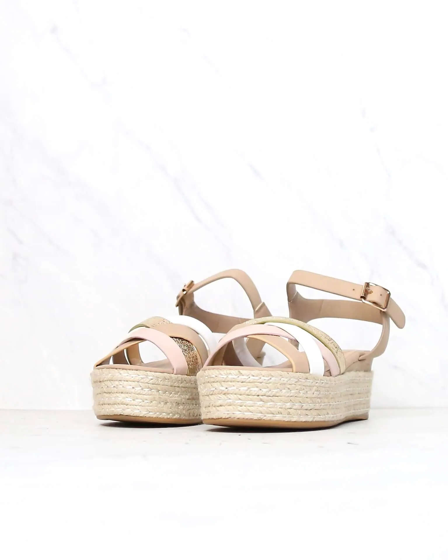 Criss Cross Strappy Band Espadrilles Platform Sandal with Ankle Strap - Blush Multi