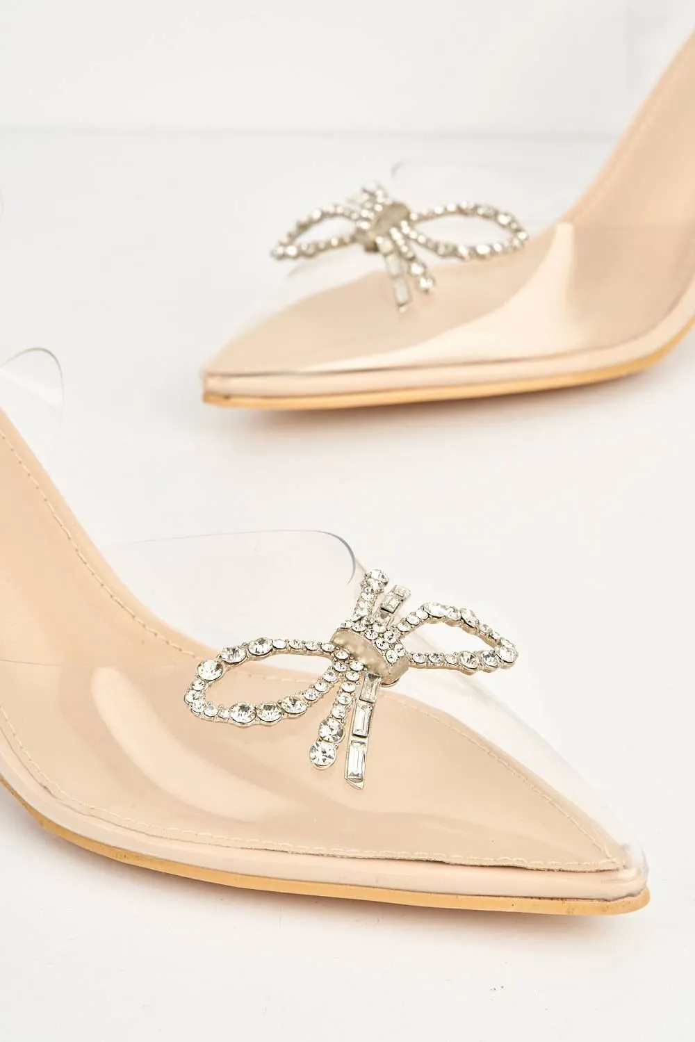 Cristallo Diamante Bow Perspex Court Shoes in Nude