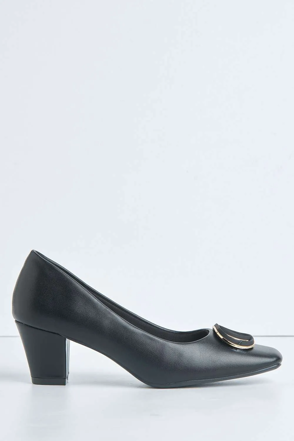 Eddy Brooch Detail Block Heel Court Shoes in Black