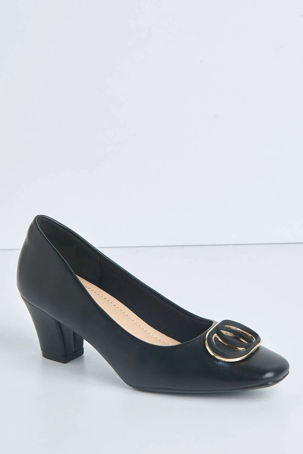 Eddy Brooch Detail Block Heel Court Shoes in Black