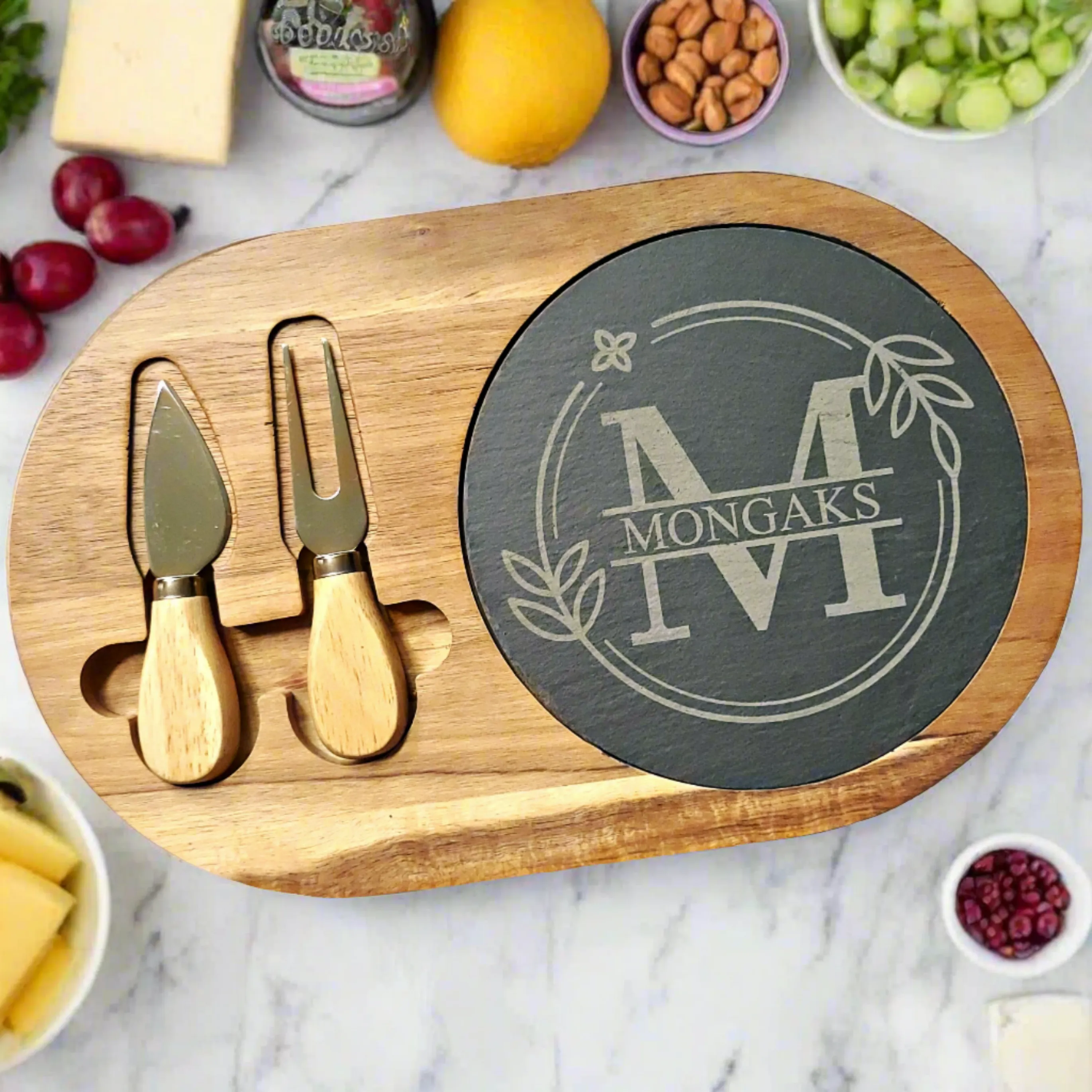 Floral Circle Family Name Monogram | Oval Cheese Board with Serving Tools