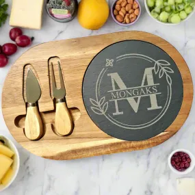 Floral Circle Family Name Monogram | Oval Cheese Board with Serving Tools