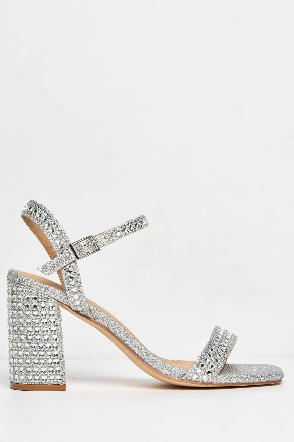 Garla Diamante Embellished Ankle Strap Heeled Sandals in Silver