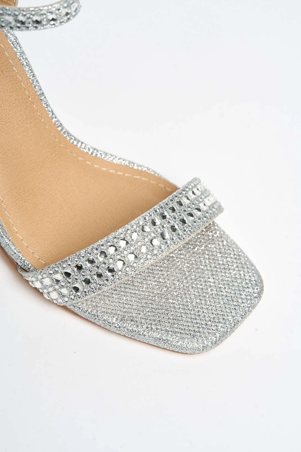 Garla Diamante Embellished Ankle Strap Heeled Sandals in Silver