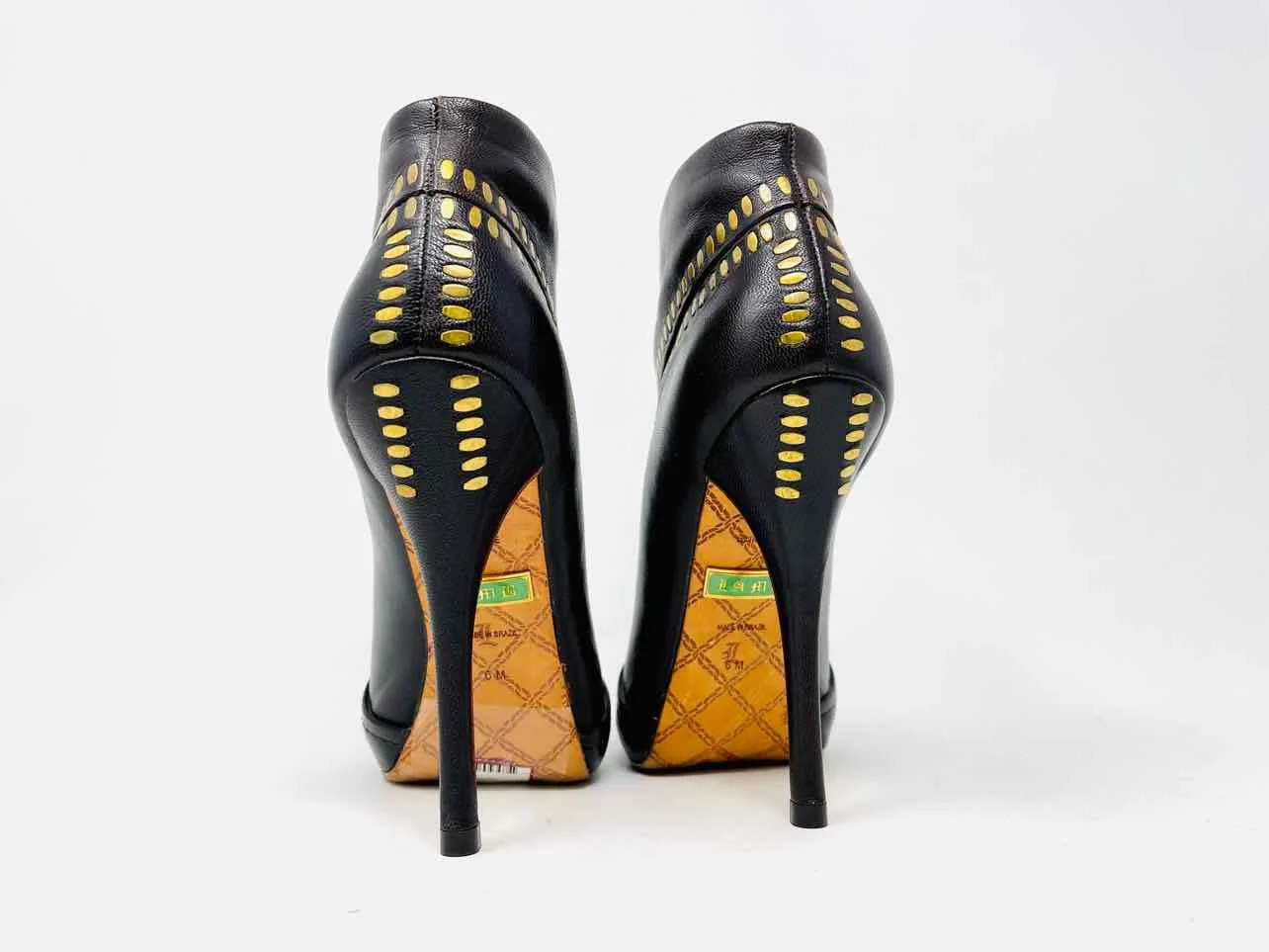 Size 6 Black/Gold Embellished Leather Designer Shooties