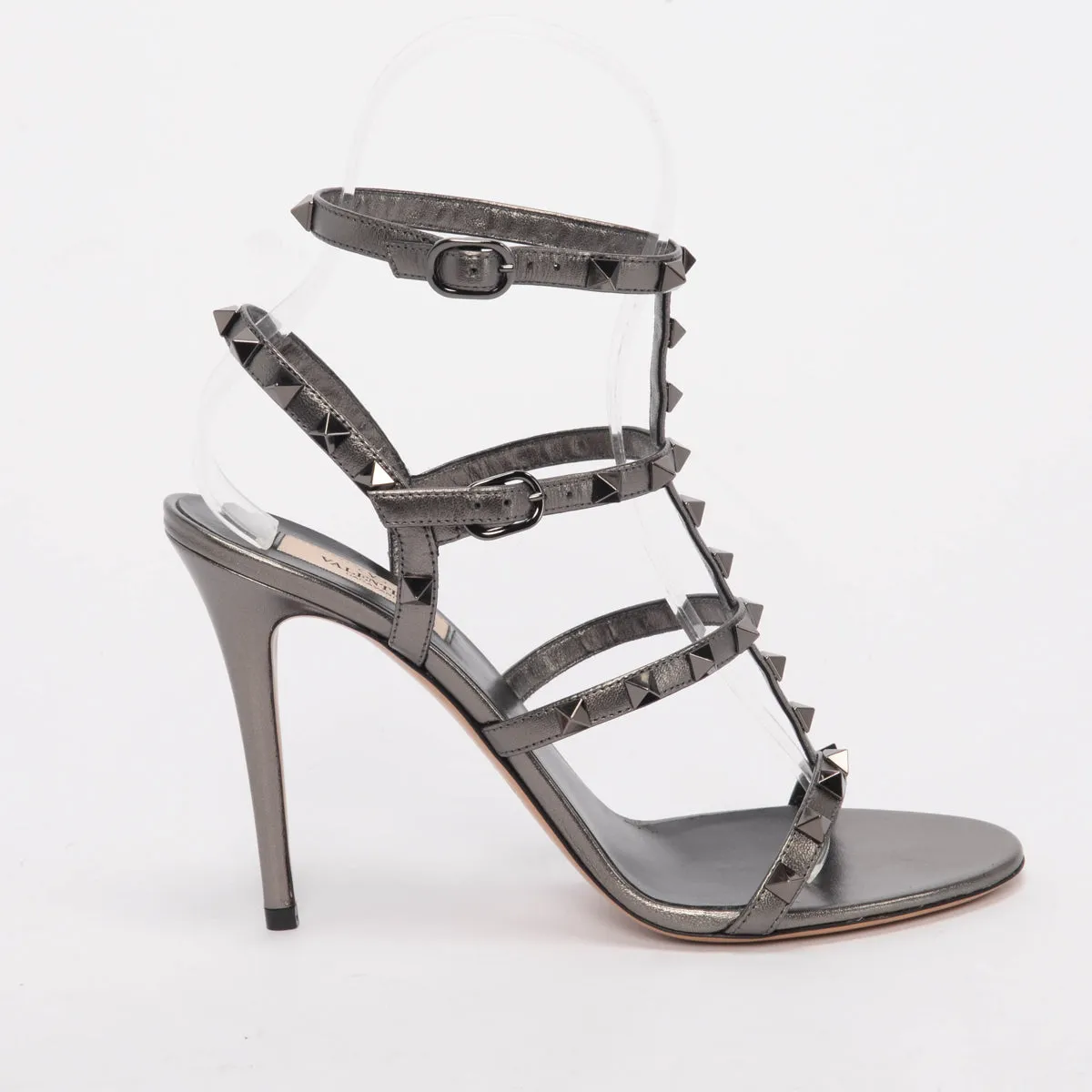 Valentino Gunmetal Metallic Leather Rockstud Cage Sandals 39.5