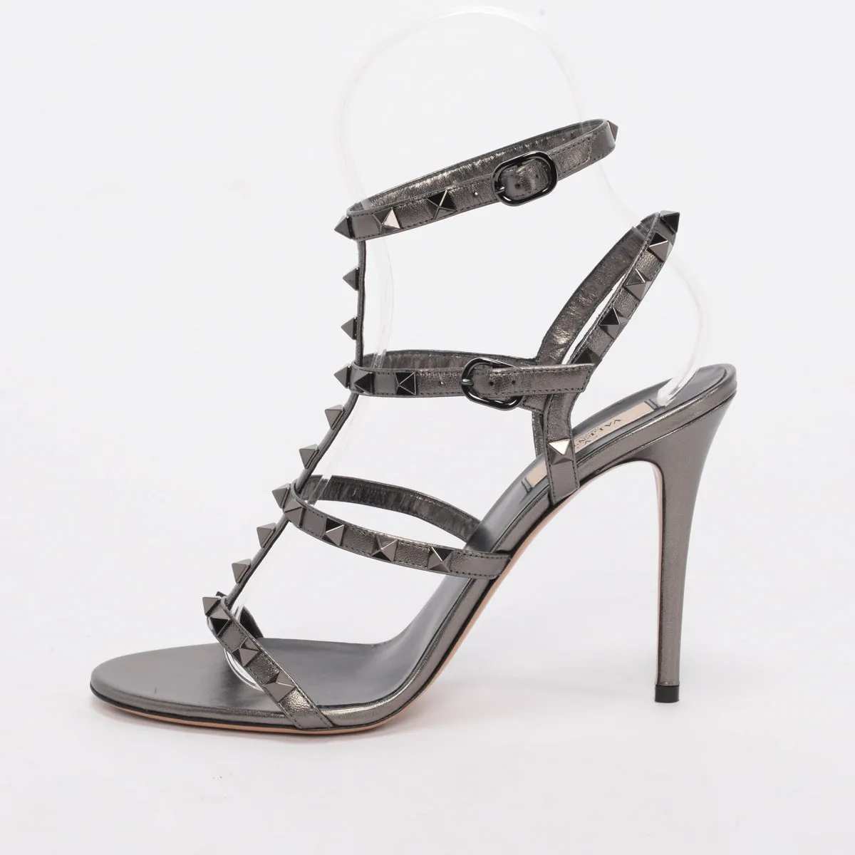 Valentino Gunmetal Metallic Leather Rockstud Cage Sandals 39.5