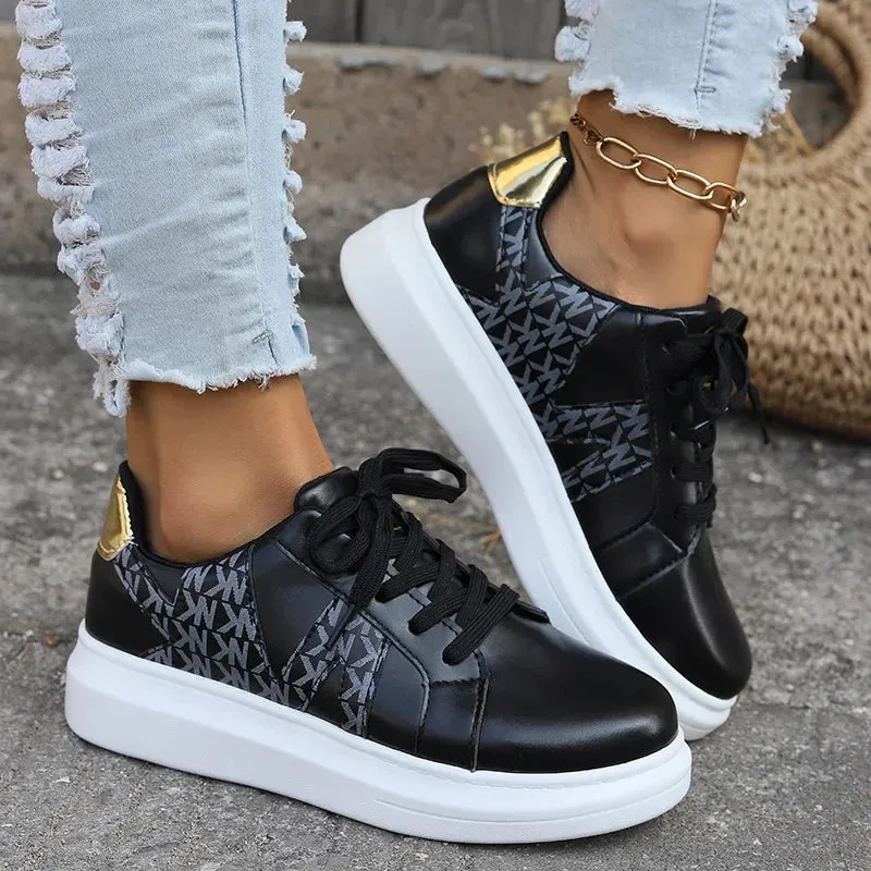 Women's Shoes Casual Sneakers Women's Round Toe Platform Shoes Lace-Up Tennis Women Vulcanized Shoes Printed Women's Loafers